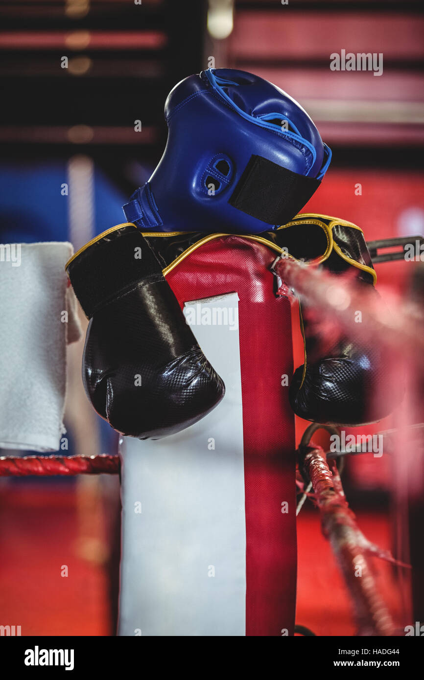 Boxing gloves, headgear and a towel kept on boxing ring Stock Photo Alamy