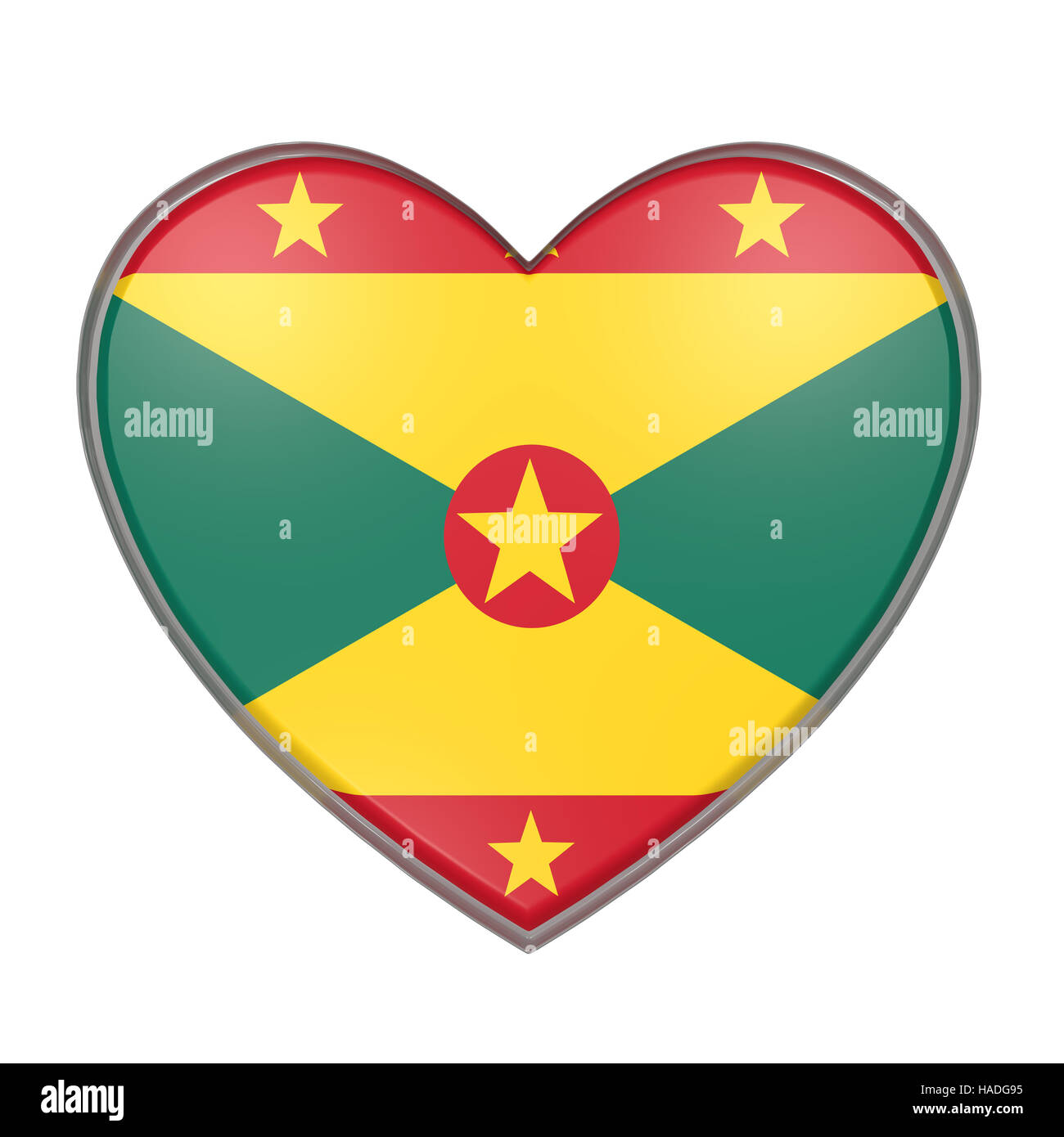 3d rendering of a Grenada flag on a heart. White background Stock Photo