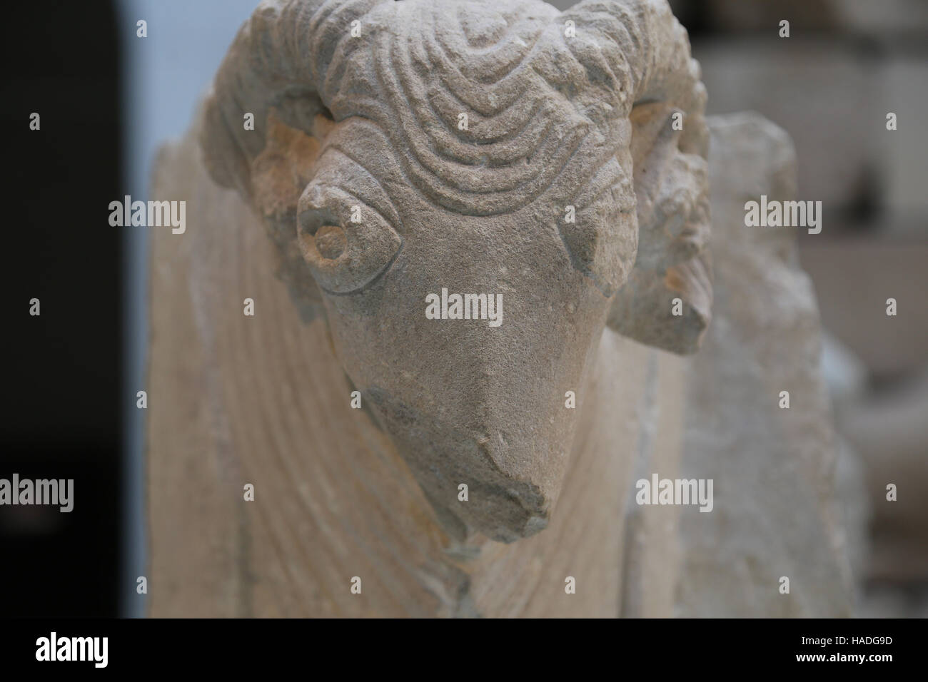 Ram protome. Limestone. Iberian culture. 2nd-1st century BC. Osuna. Spain. National Archaeological Museum, Madrid. Spain. Stock Photo