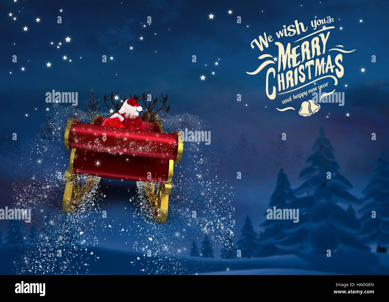 3D Santa claus riding reindeer sleigh towards the sky Stock Photo