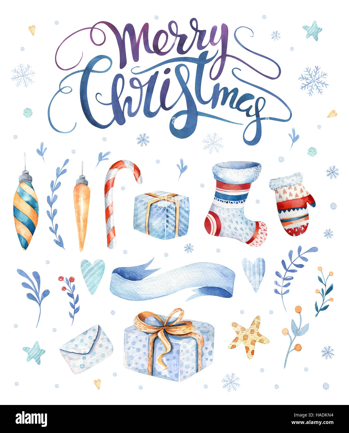 Watercolor hand drawn christmas cute illustrations gift collecti Stock ...