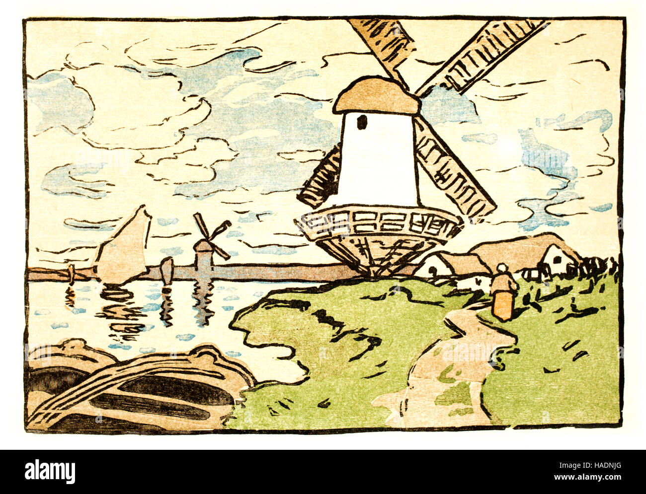 The windmill colour halftone illustration by from original wood engraving by EC Austen Brown from 1913 Studio Magazine Stock Photo
