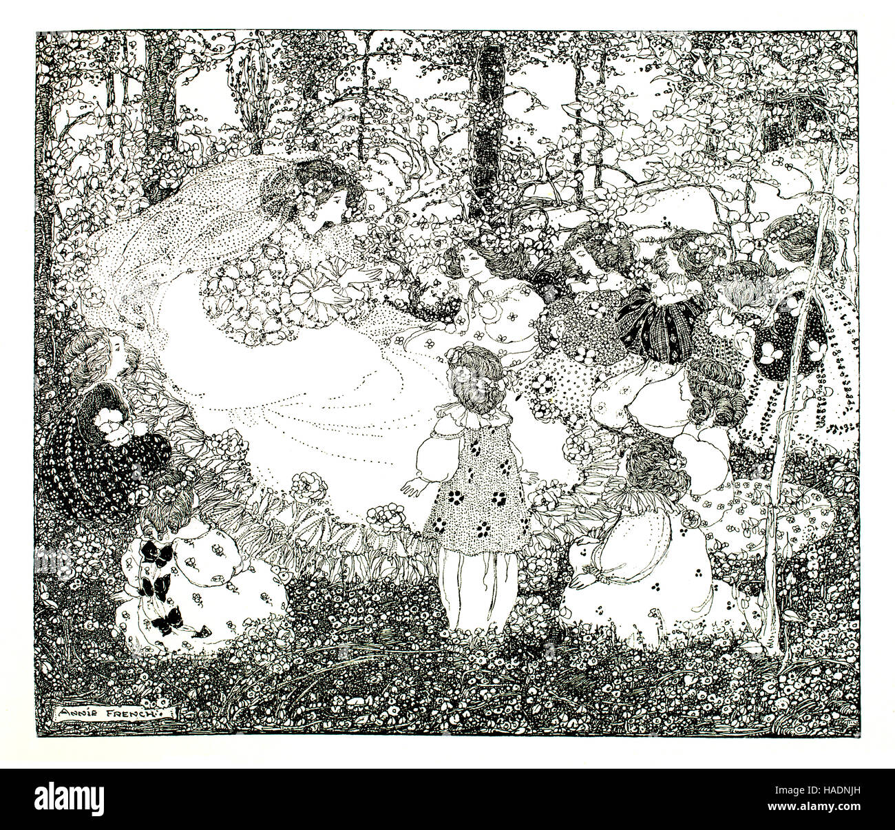 The Faerie Tale, line illustration by female artist Annie French from 1913 Studio Magazine Stock Photo