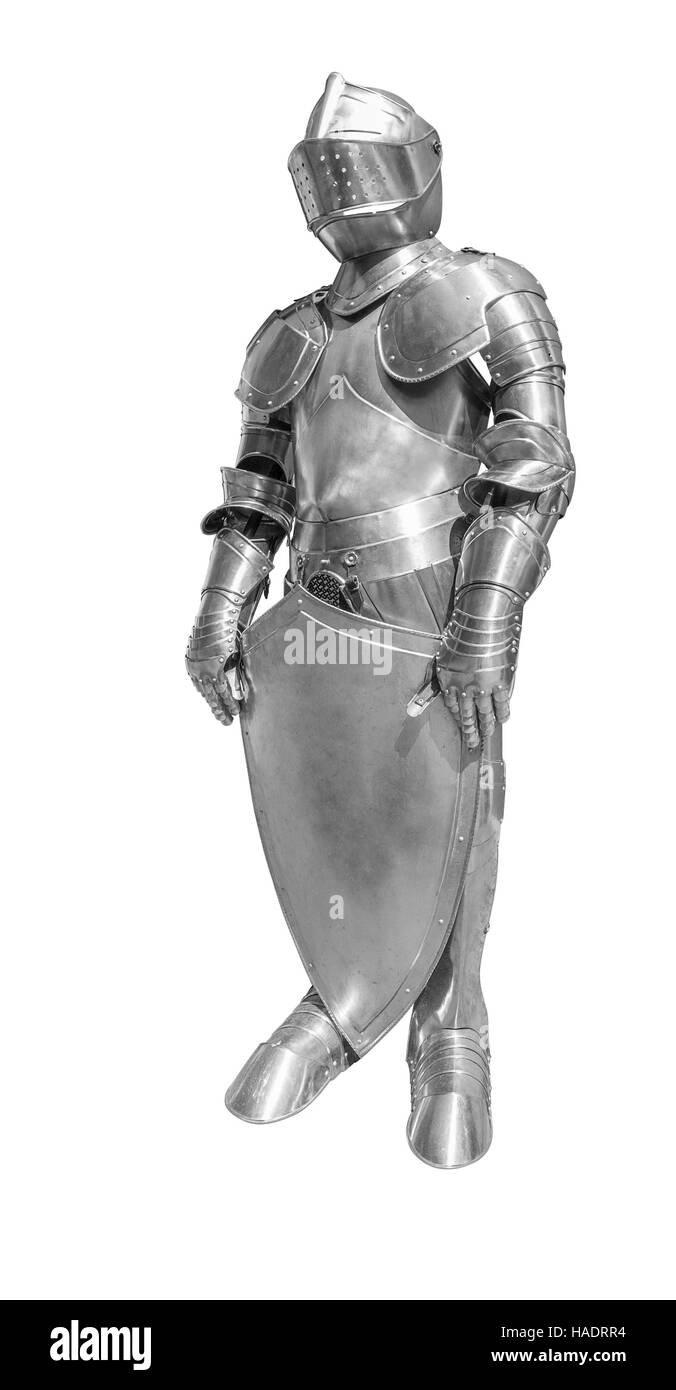 historic full body metallic plate armour in white back Stock Photo