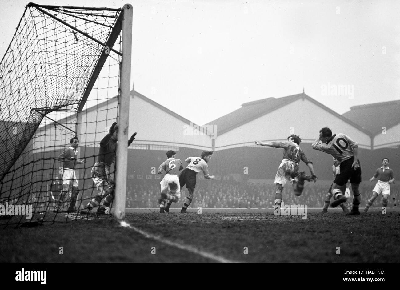 Wolverhampton Wanderers FC football action at Molineux in the 1950s Dennis Wilshaw (10) and Peter Broadbent (8). Stock Photo