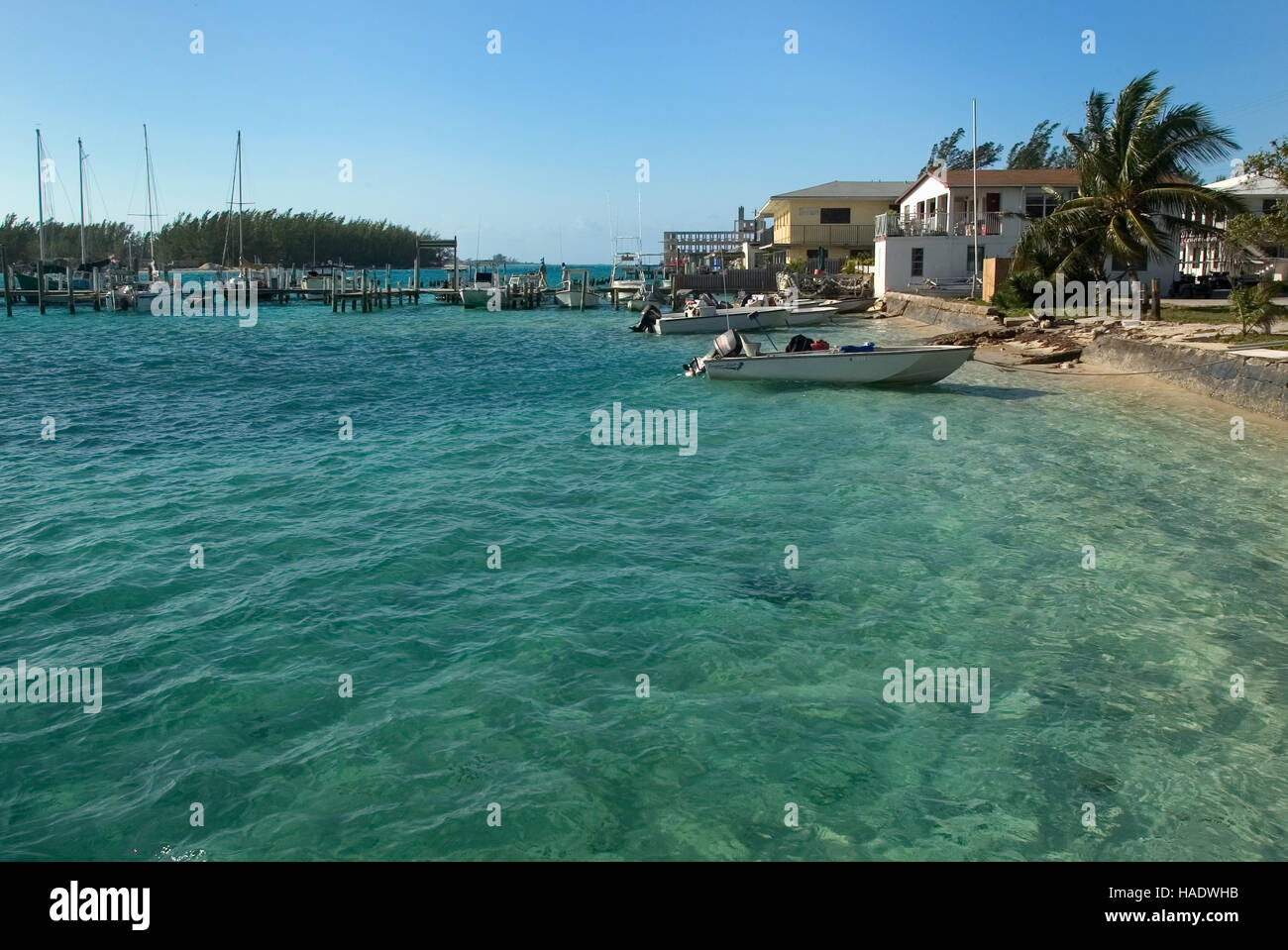 Bimini harbor along the King's Highway in Alice Town on the tiny Caribbean island of Bimini, Bahamas Stock Photo