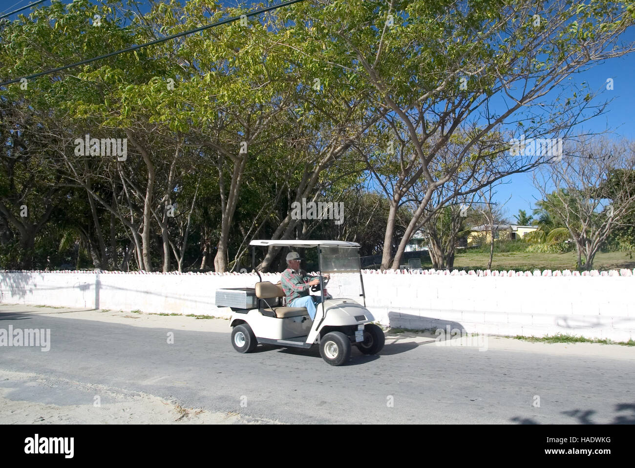 A tourist rides a golf cart along the King's Highway in Alice Town on