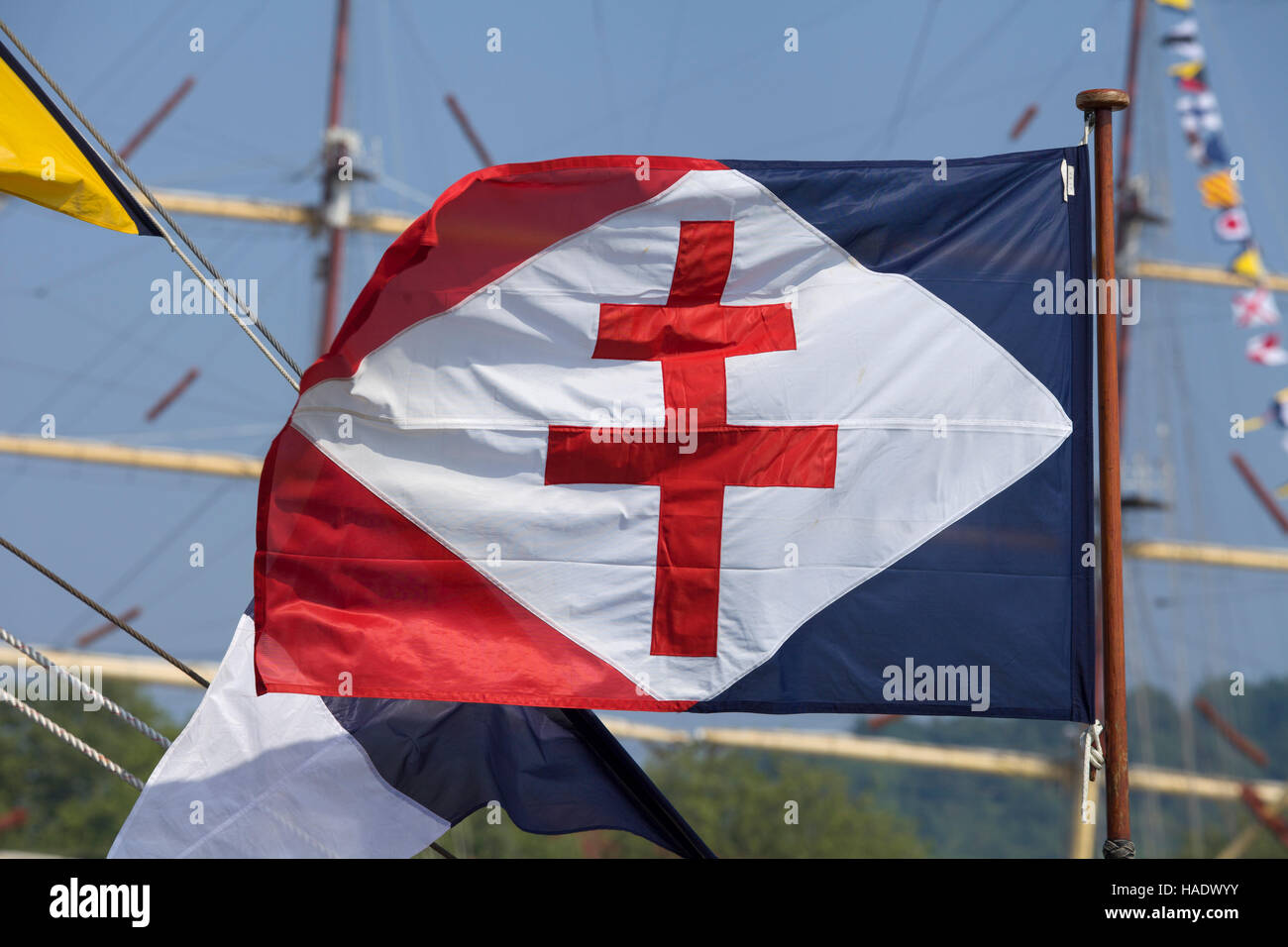 French naval flag/, or jack, showing the Croix de Lorraine (Cross of Lorraine) - patriotic cross symbolising free France Stock Photo
