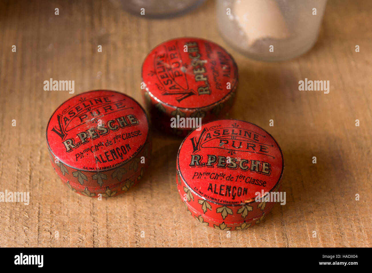 Old tins of pure Vaseline from French pharmacist, R.Pesche - Stock Image