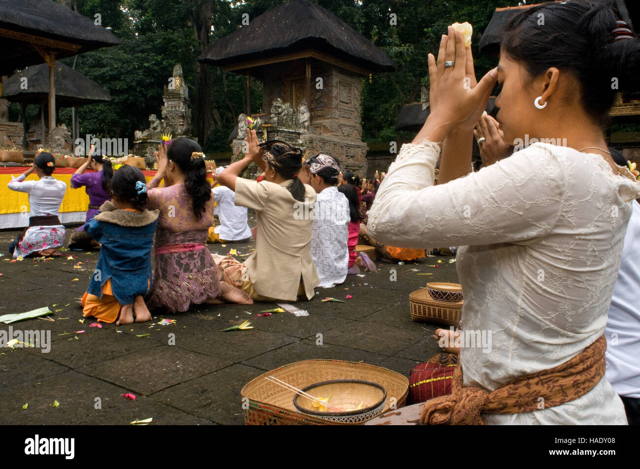 Several people pray and leave offerings in the Holy Monkey Forest during the celebration of Galungan. Galungan festival, the most important of Bali, s Stock Photo