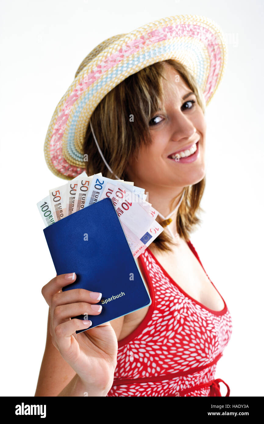 Young woman with savings account book Stock Photo