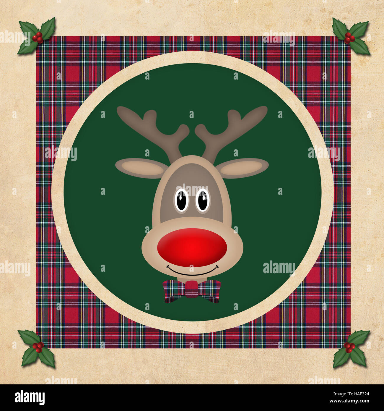 cute reindeer in green circle with red plaid pattern, on old paper background, christmas card design Stock Photo