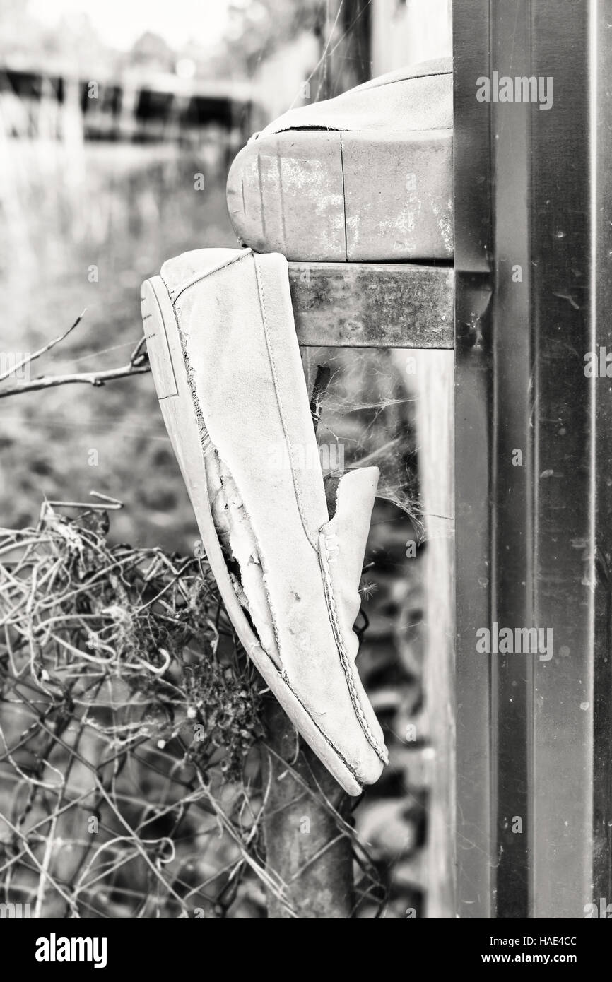 Old ragged shoes on fence at summer day in black and white Stock Photo