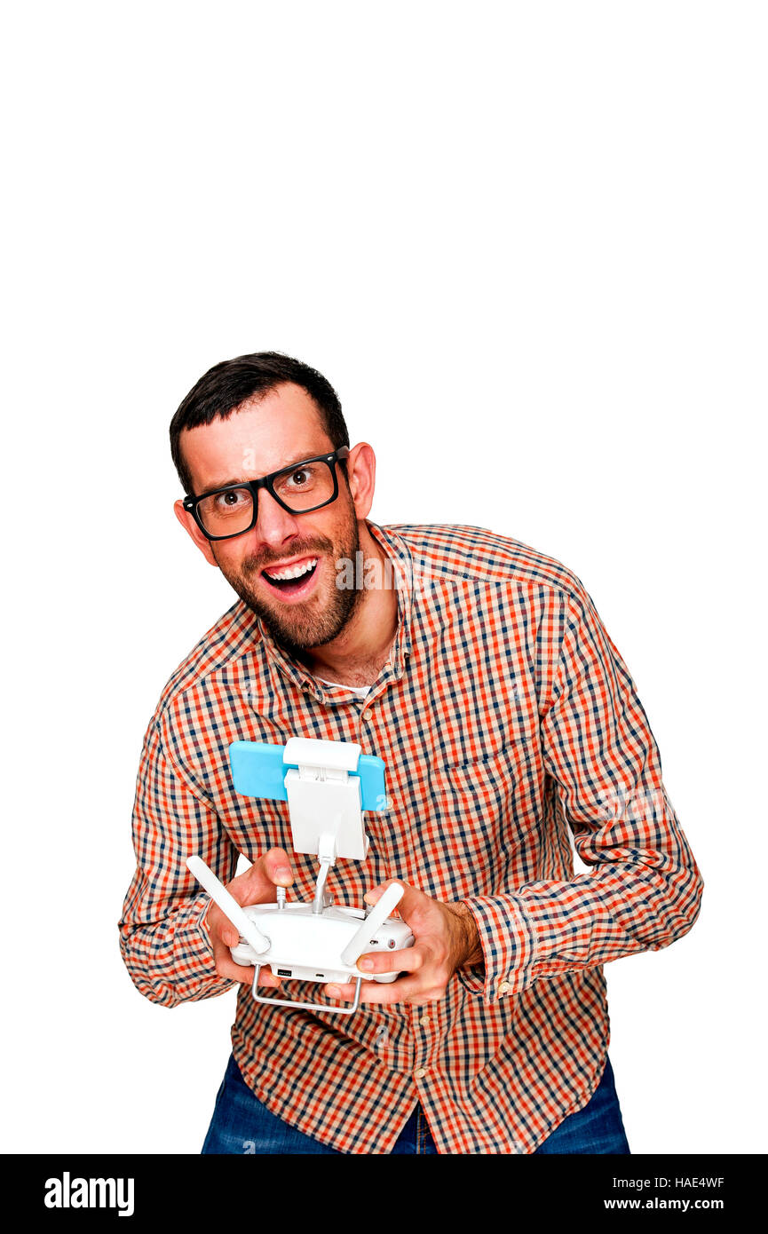 Man With Flying Drone Studio Shot On White Background Isolated Stock