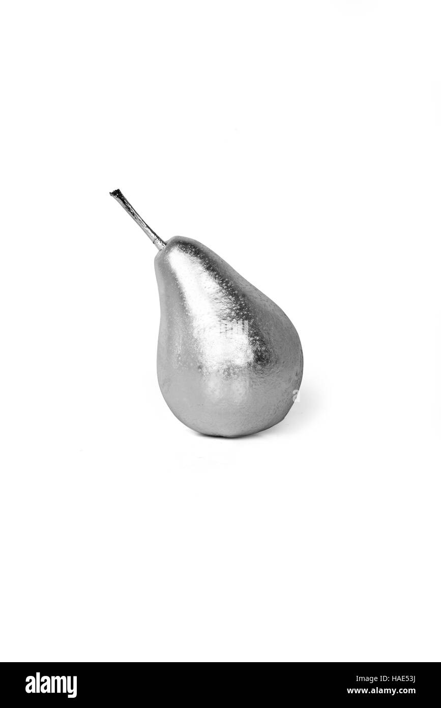 Silver painted pear on white background Stock Photo