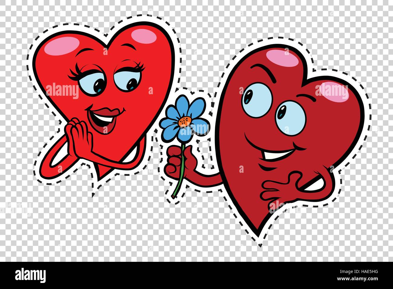 Male character gives a woman flowers, red hearts Valentines Stock Vector