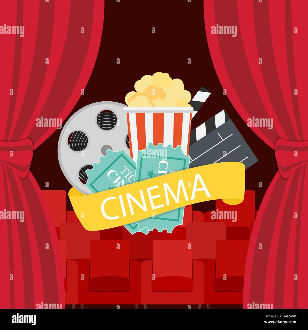 Abstract Cinema Flat Background with Reel, Old Style Ticket, Big Stock ...