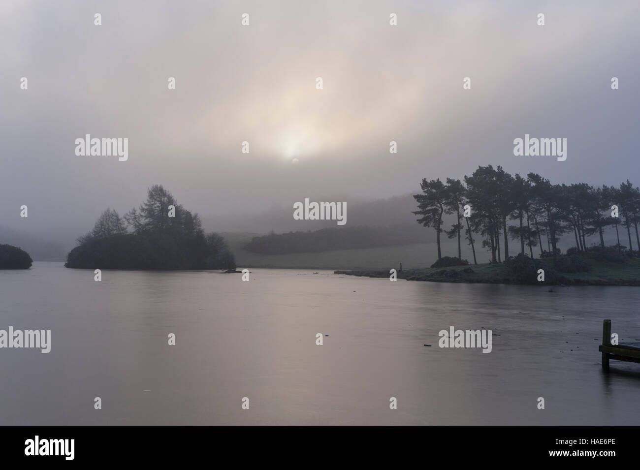 Misty scenes at the Knapps loch Kilmacolm with frost and ice covering everything Stock Photo