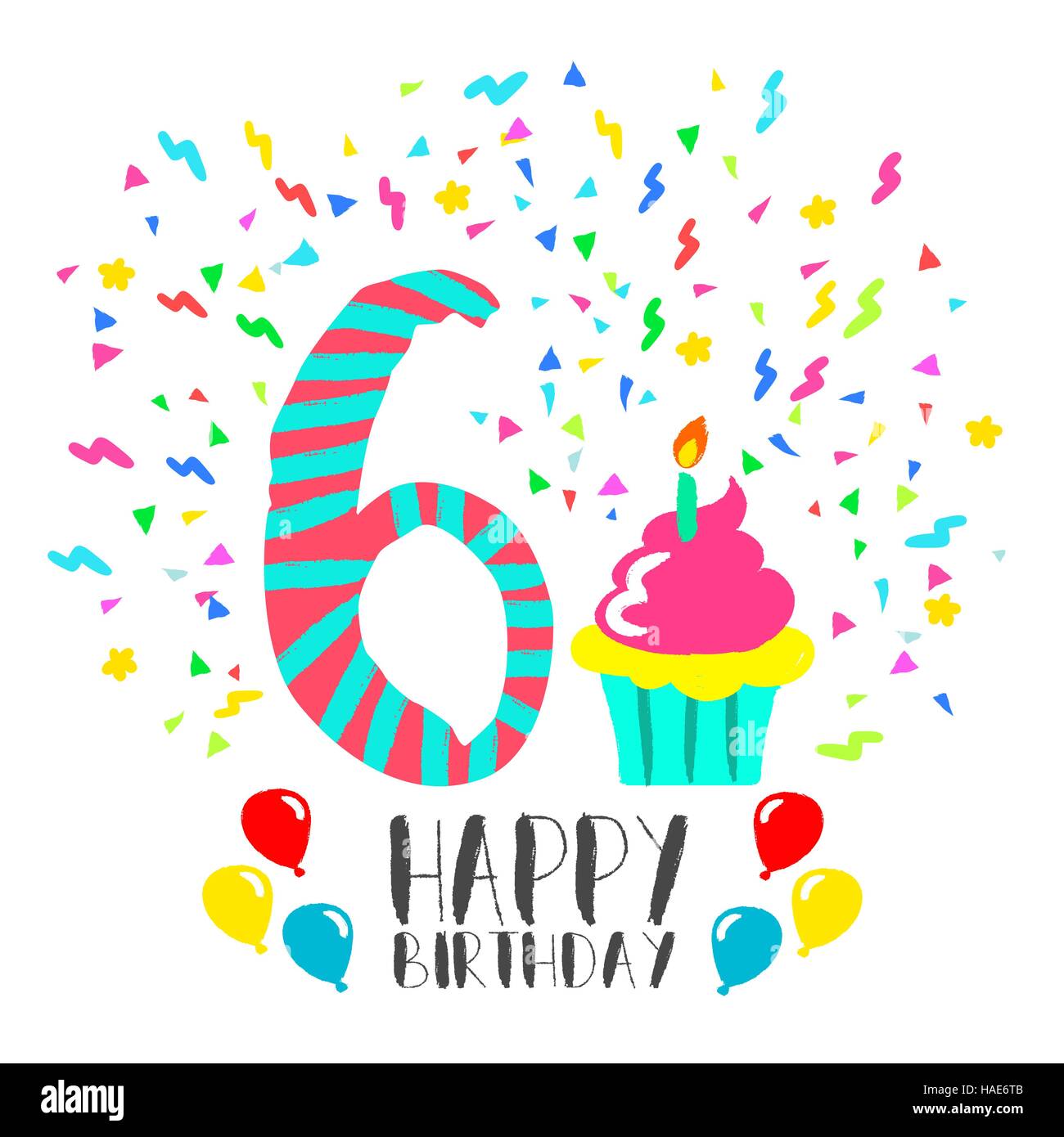 Happy birthday number 6, greeting card for six year in fun art style with party confetti and cake. Anniversary invitation, congratulations Stock Vector