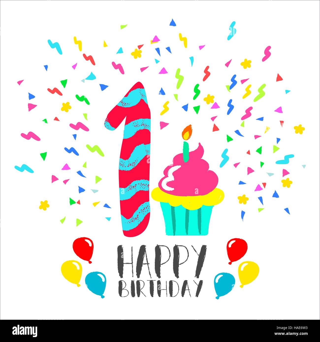 Happy birthday number 1, greeting card for one year in fun art style with party confetti and cake. Anniversary invitation, congratulations Stock Vector
