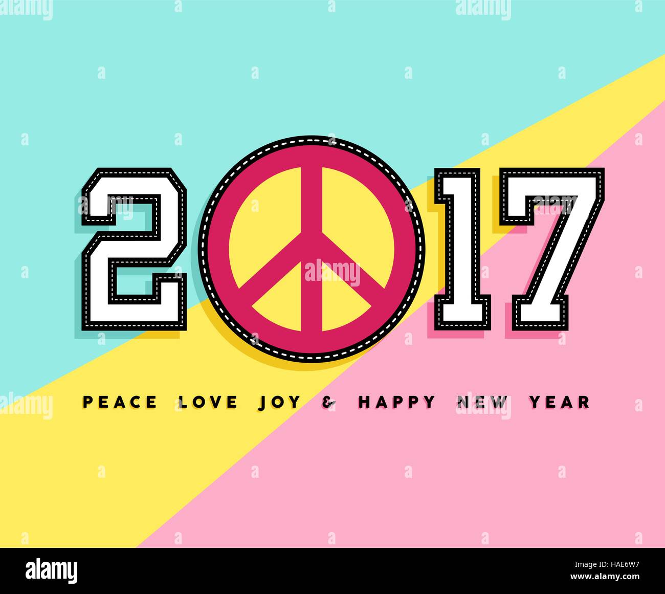 Happy New Year 2017 greeting card design with varsity college typography and stitch patch peace symbol icon as number. EPS10 vector. Stock Vector