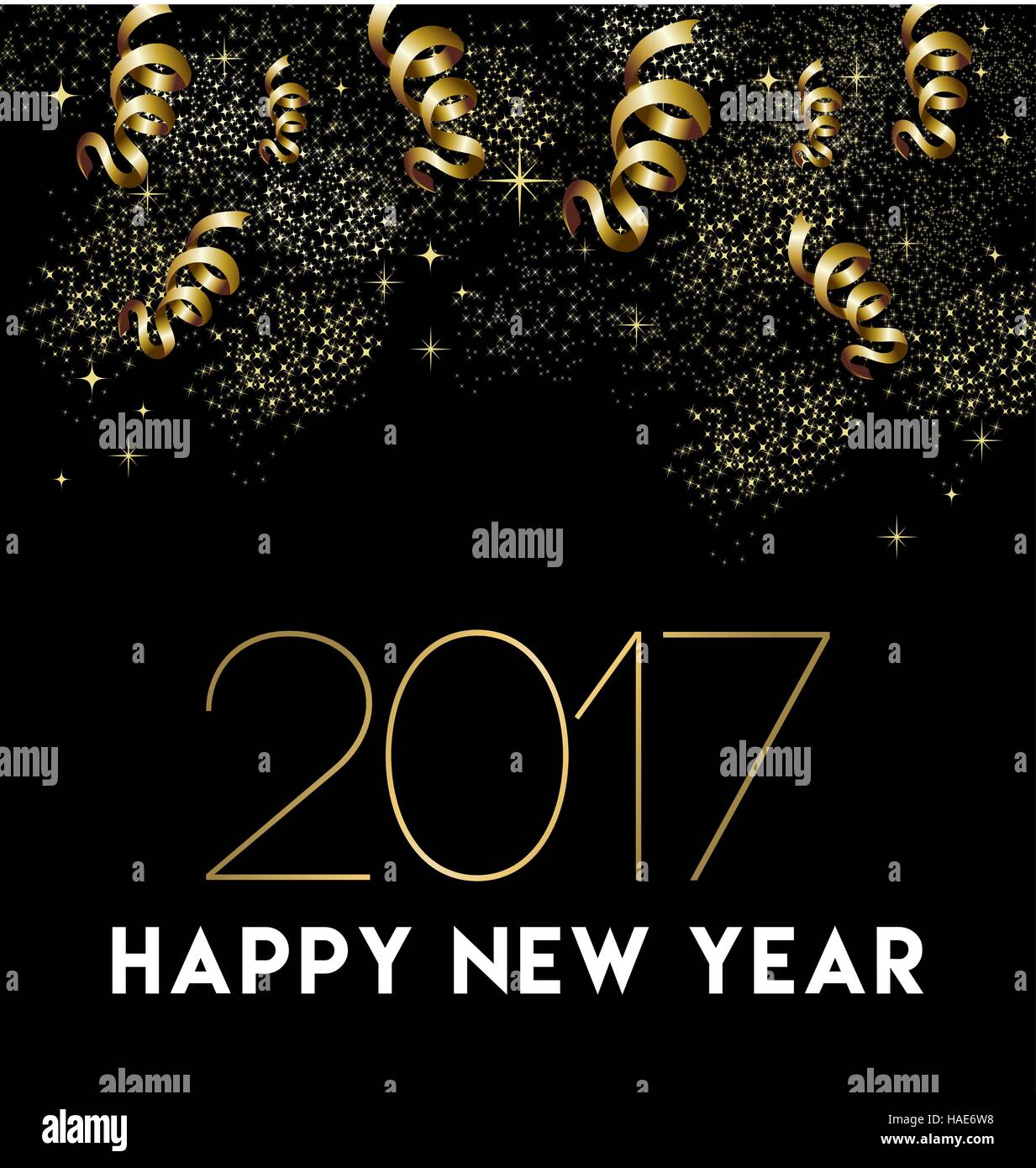 Happy New Year 2017 greeting card design with gold confetti and party celebration decoration. EPS10 vector. Stock Vector