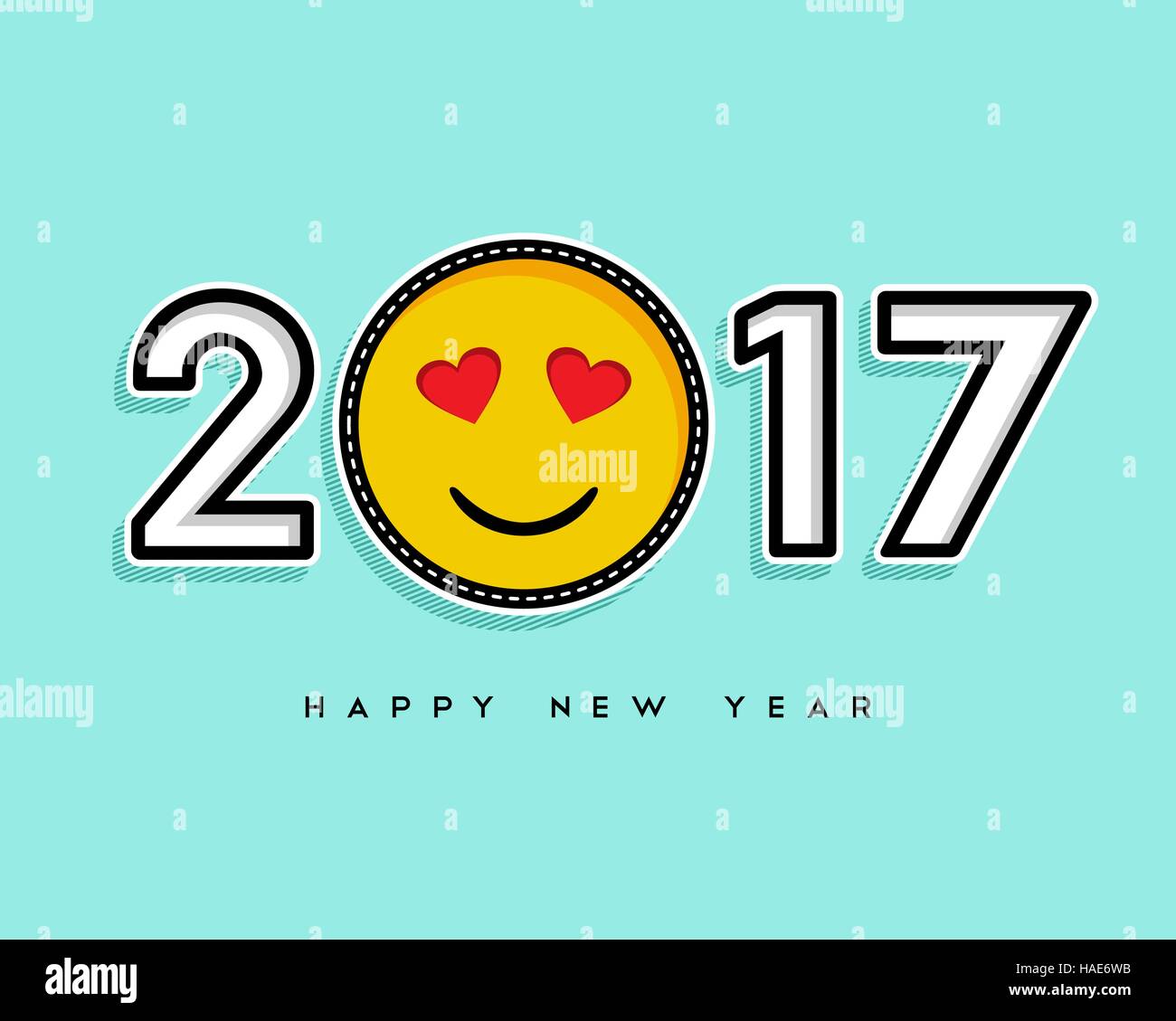Happy New Year 2017 greeting card design with trendy stitch patch emoji icon as number. EPS10 vector. Stock Vector