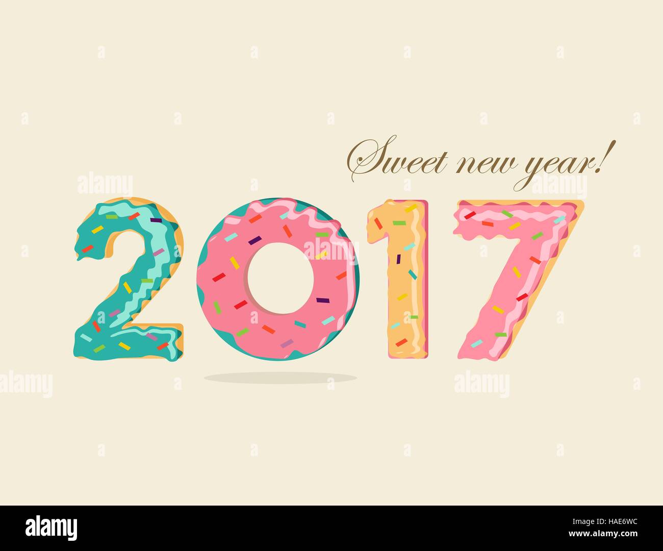 Sweet Happy New Year 2017, fun typography design with dessert donut cake food numbers. EPS10 vector. Stock Vector