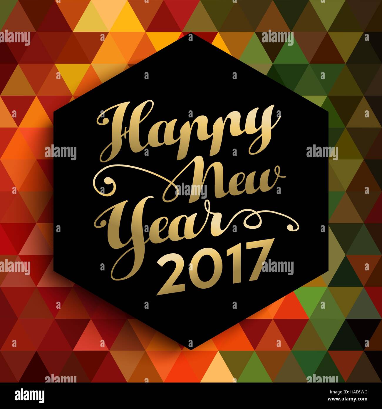 Happy New Year 2017 gold lettering label on abstract low poly texture background. EPS10 vector. Stock Vector