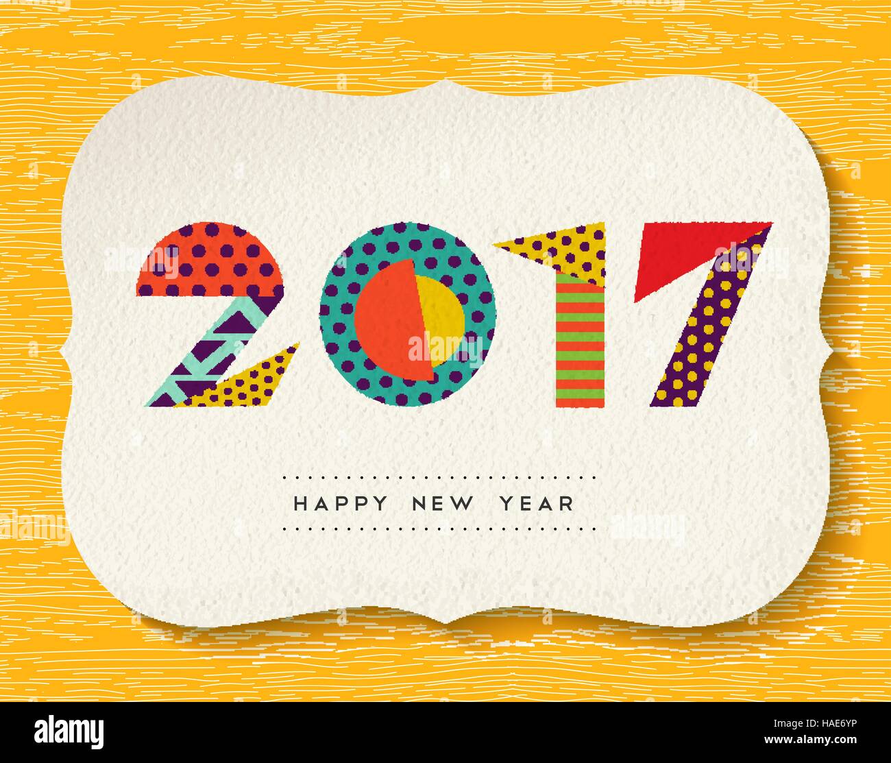 Happy New Year 2017 greeting card design, holiday quote with fun vibrant colors made of geometric shapes. EPS10 vector Stock Vector