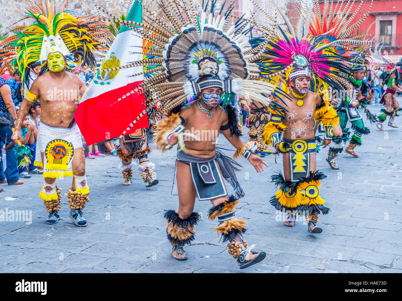 Native Americans with traditional costume participate at the festival of Valle del Maiz in San Miguel de Allende ,Mexico. Stock Photo