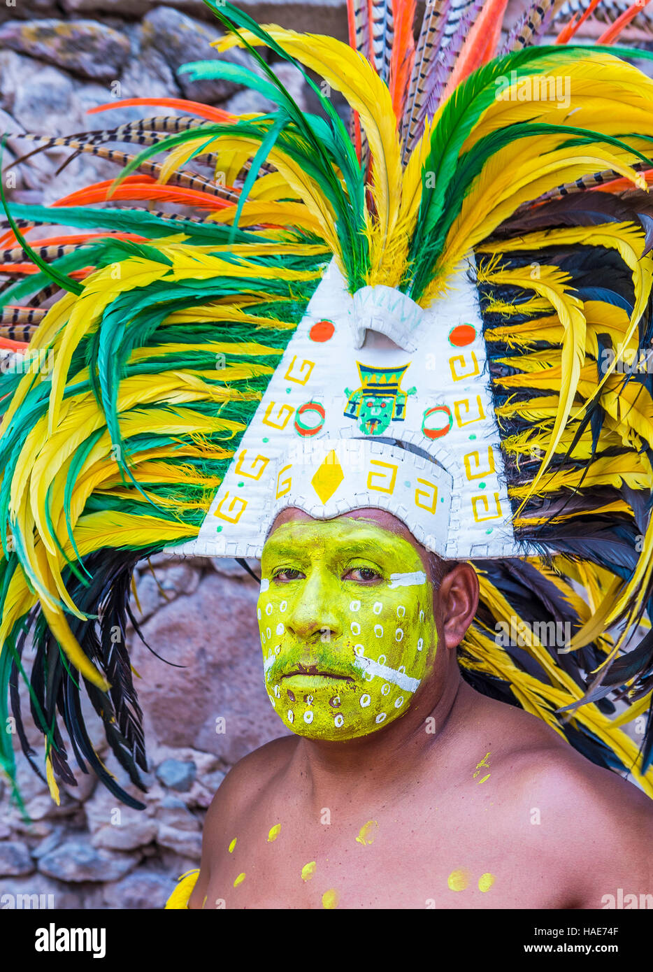 Native American with traditional costume participates at the festival of Valle del Maiz in San Miguel de Allende ,Mexico. Stock Photo