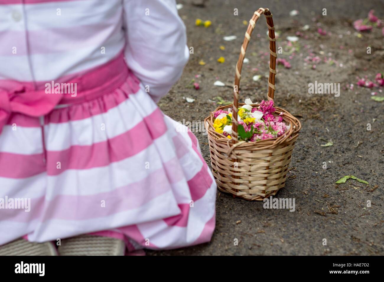 girl with a basket full of flower petals Stock Photo