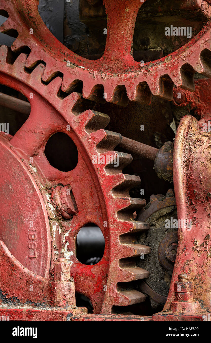 Gears from an antique threshing machine, close up view. Stock Photo