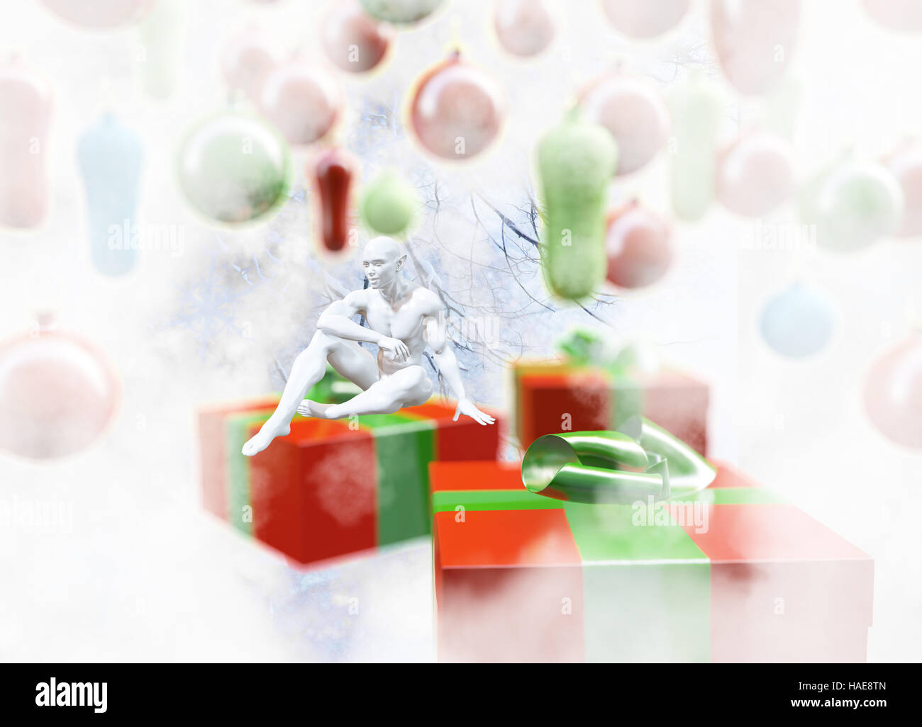 Christmas New Year colorful red and green gift boxes with bows of ribbons and sitting man elf figure on background of colorful balls decorations . Gre Stock Photo