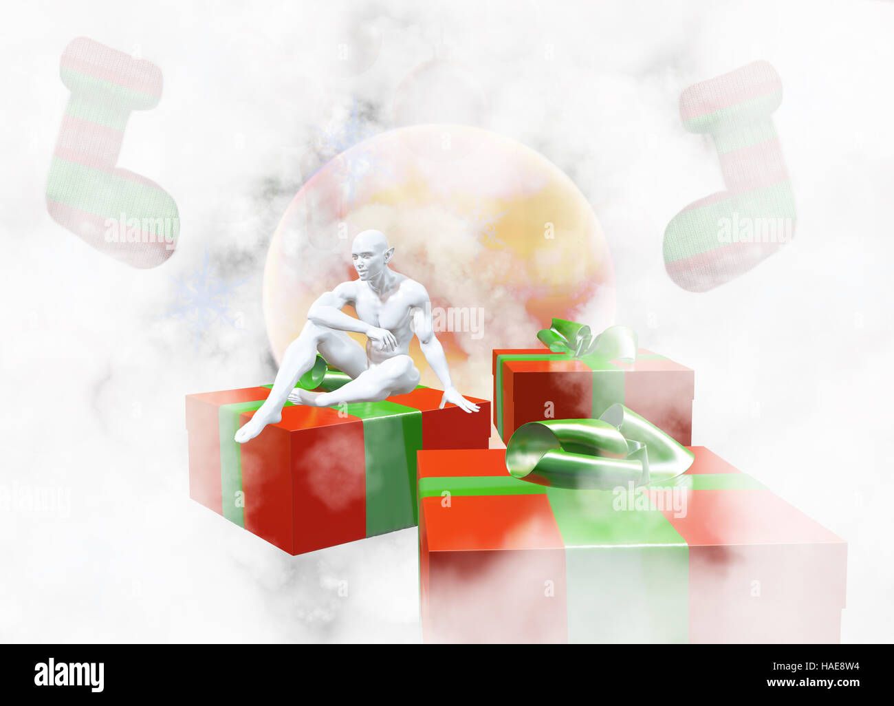 Christmas New Year colorful red and green gift boxes with bows of ribbons and sitting man elf figure on background of colorful balls decorations . Gre Stock Photo