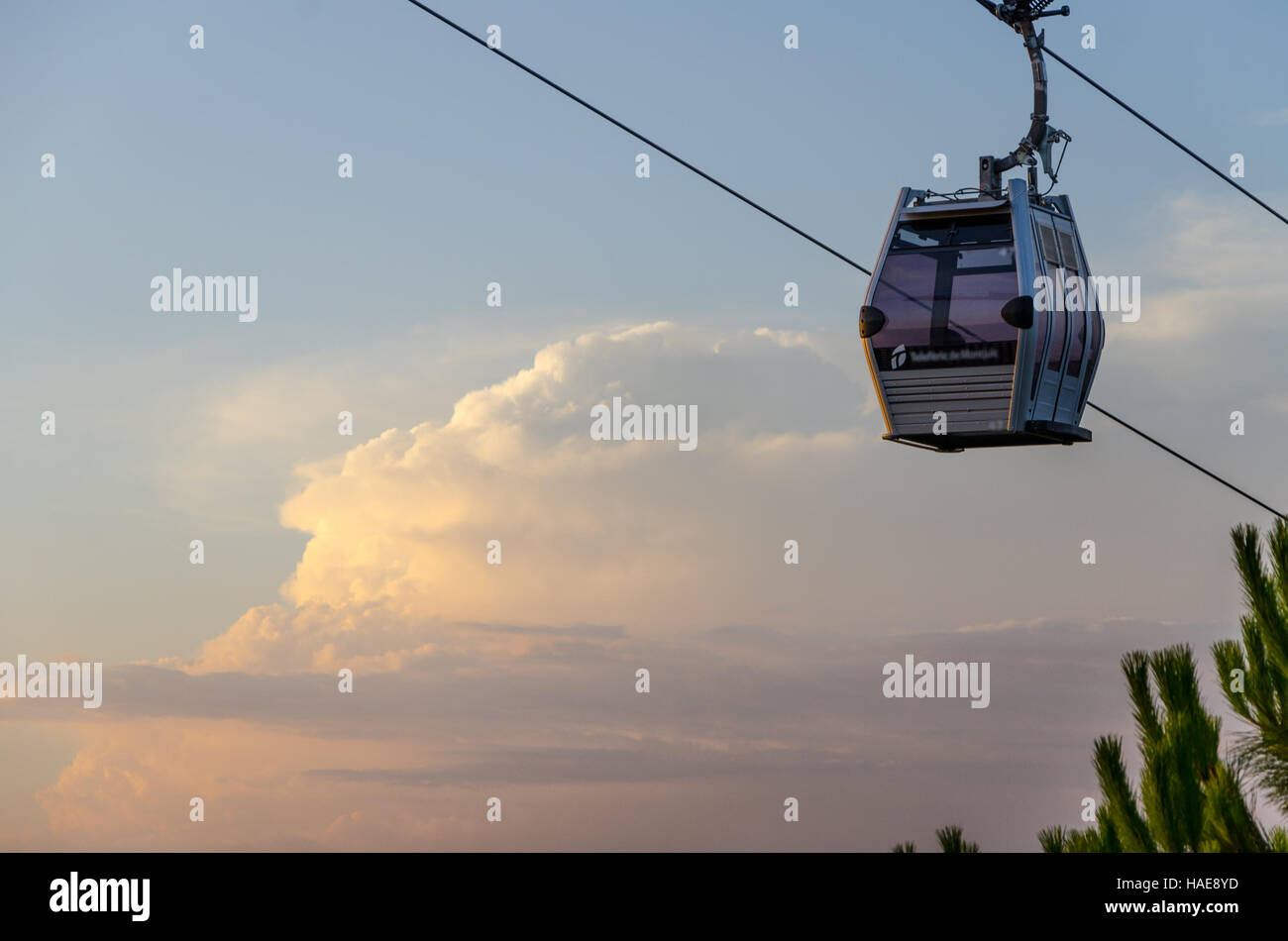 Montjuic Cable Car On Sunset Sky Background In Barcelona Spain Stock Montjuic Cable Car On Sunset Sky Background In Barcelona Spain Stock