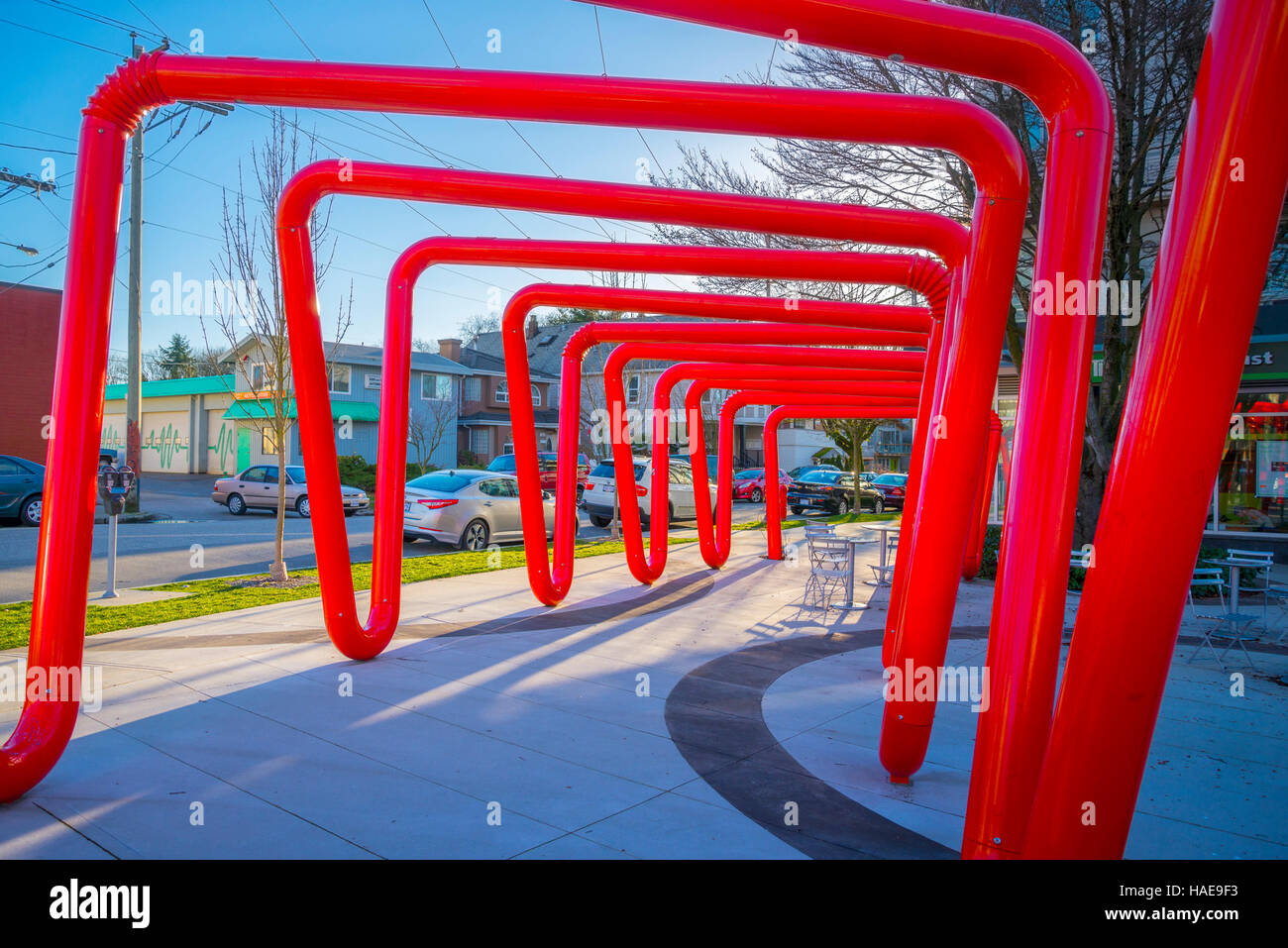 Bendy-straw trellis, public art installation, Mid-Main Park, Main Street, Vancouver, British Columbia, Canada Stock Photo