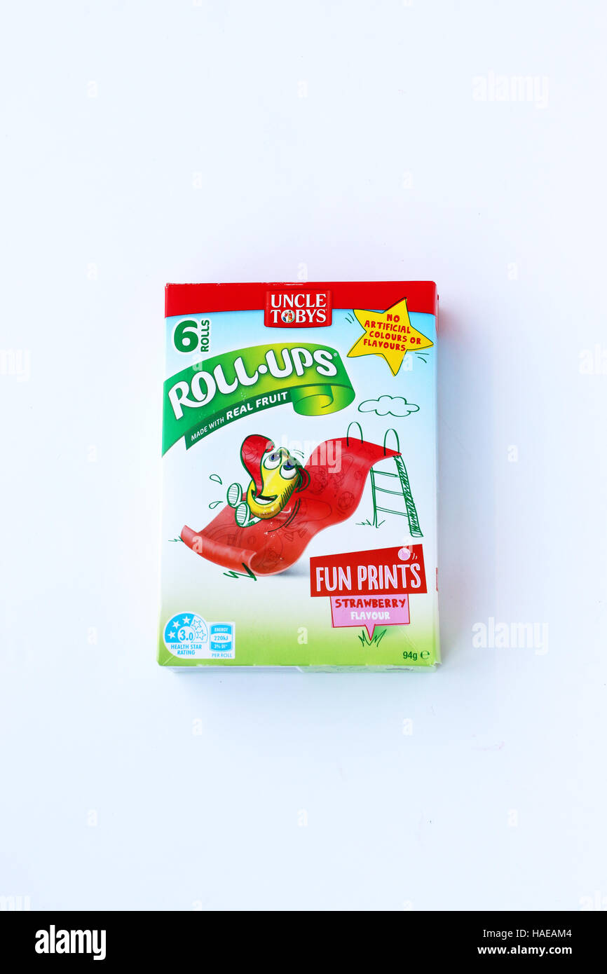 Australian Uncle Toby's Fun Print Strawberry Roll Ups isolated against white background Stock Photo