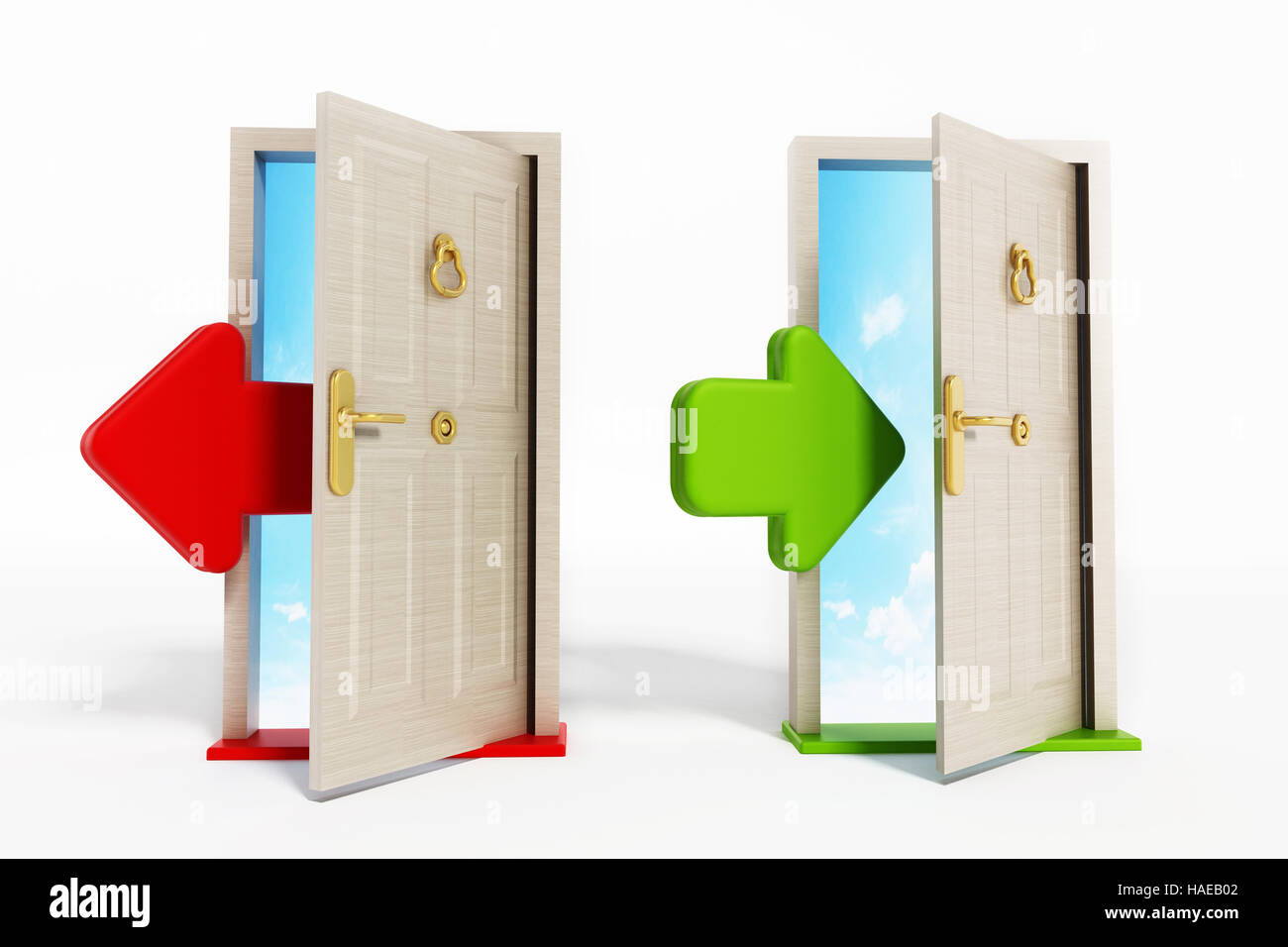 Arrows entering and exiting the doors. 3D illustration. Stock Photo