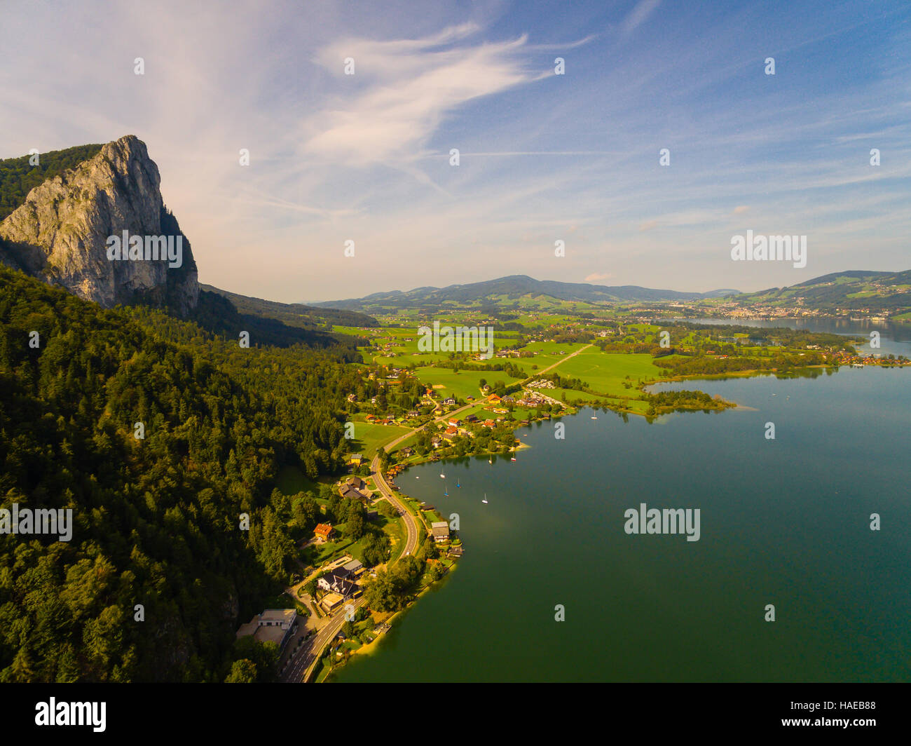Aerial view, panorama from Mondsee, Austria Europe Mondsee  lakes,  Salzkammergut region, Upper Austria /Salzburg Land state, Au Stock Photo