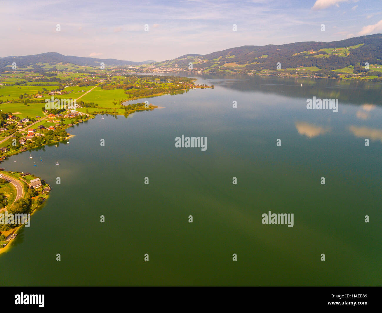 Aerial view, panorama from Mondsee, Austria Europe Mondsee  lakes,  Salzkammergut region, Upper Austria /Salzburg Land state, Au Stock Photo