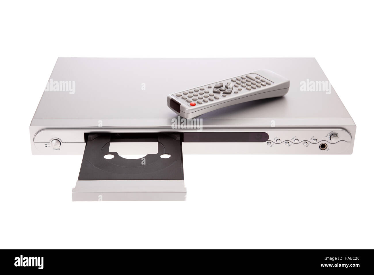 DVD player ejecting disc with remote control isolated on white