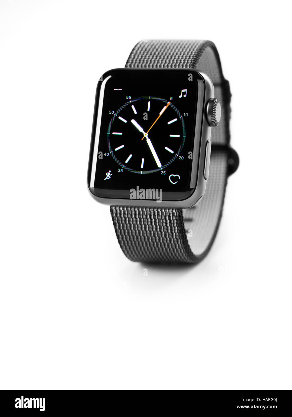 Apple Watch series 2 smartwatch with analog clock dial on its display