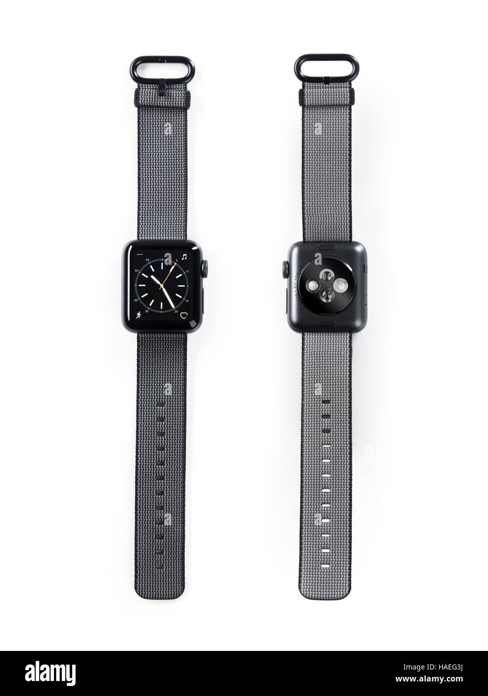 Apple Watch smartwatch front and back view isolated on black background Stock Photo