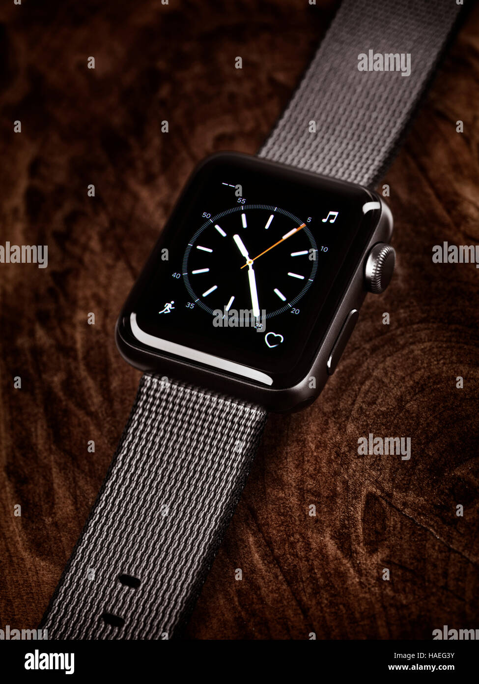 Apple Watch smartwatch on wooden desk background Stock Photo