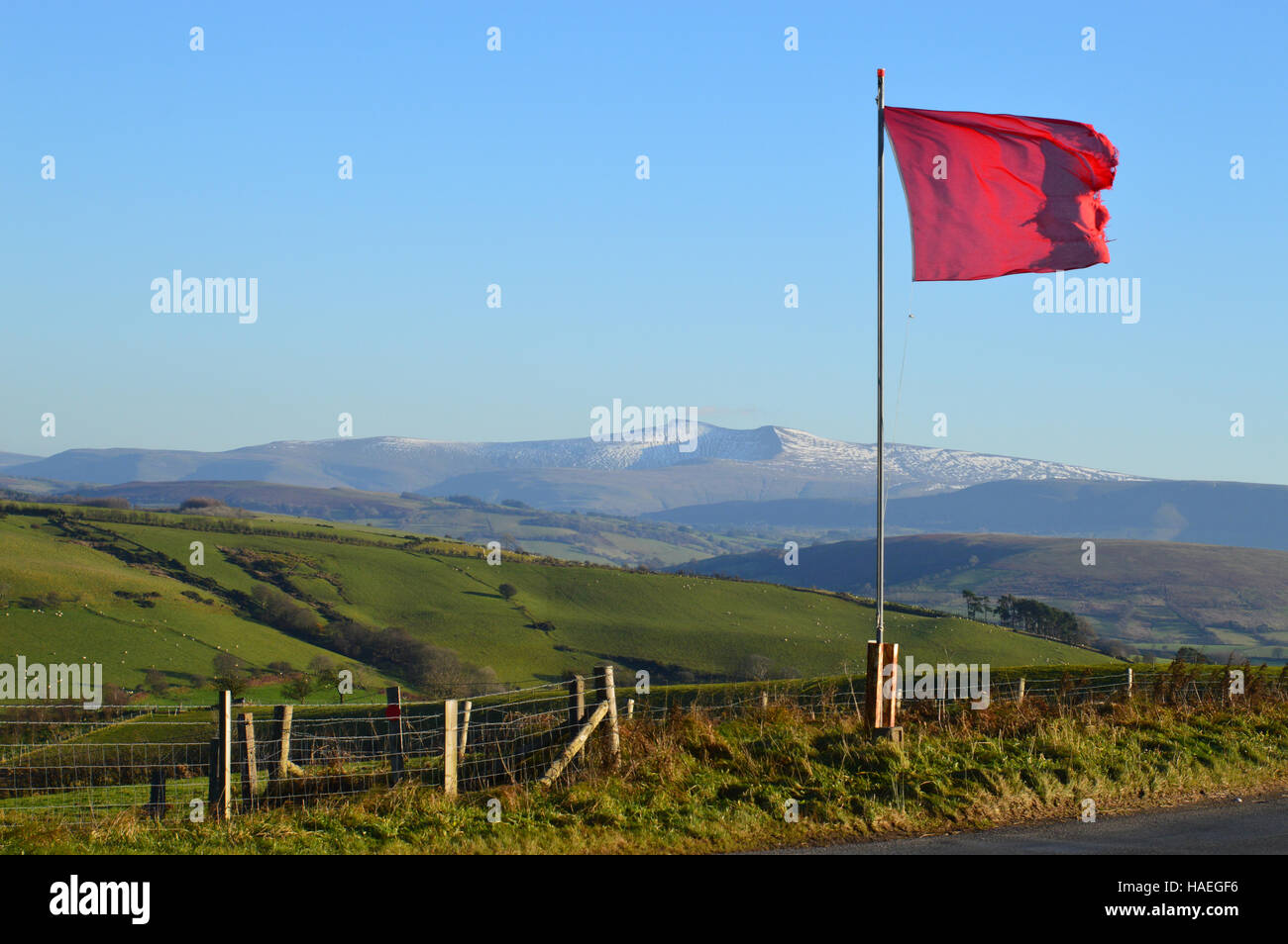 Red Flag flying at edge of Epynt military range (Sennybridge Training Stock Photo 126939434 Alamy