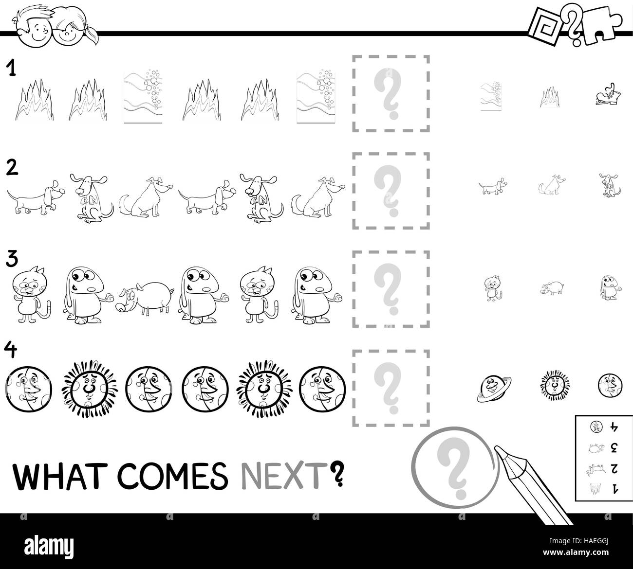 Black and White Cartoon Illustration of Completing the Pattern Educational Activity Game for Children Coloring Book Stock Vector