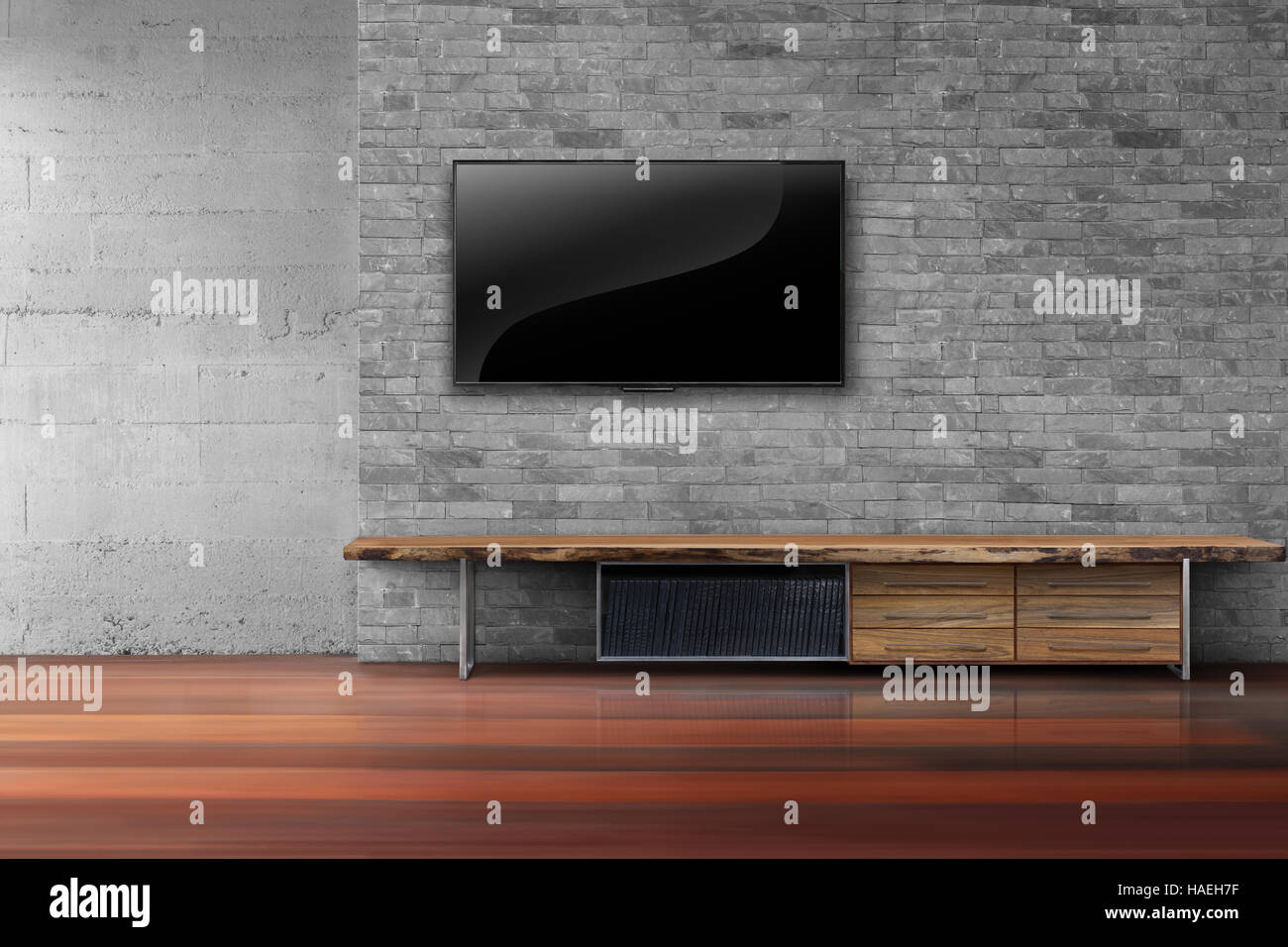 Empty Living Room Led Tv On Bricks Wall With Wooden Table Old Wood