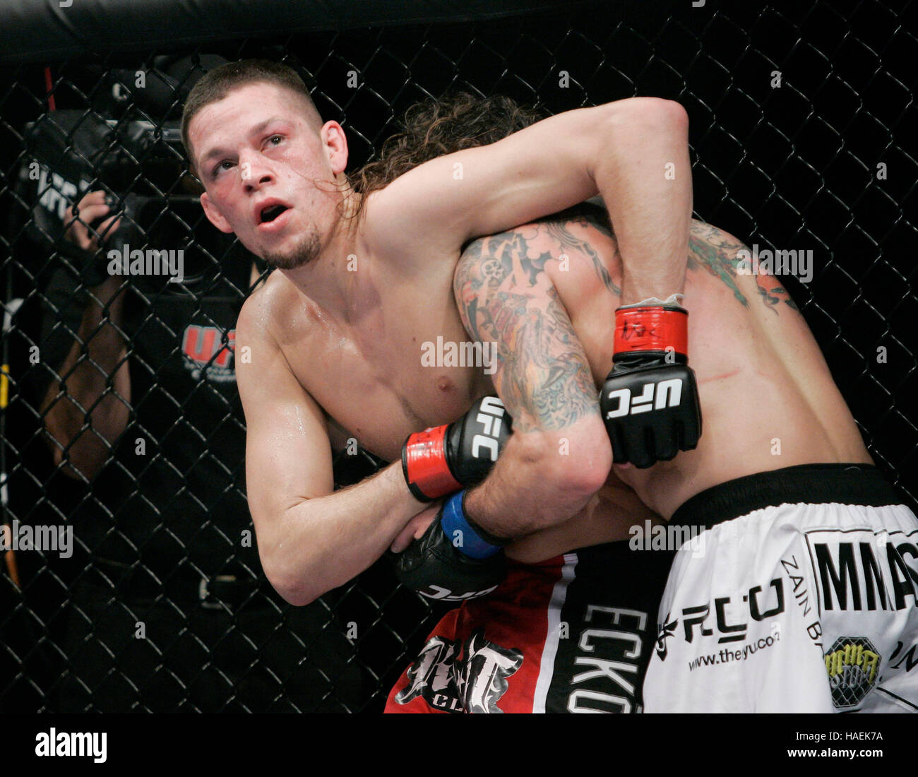 Clay Guida, right, and Nate Diaz fight at the UFC 94 at the MGM Grand Arena, on January 31, 2009 in Las Vegas, NV. Francis Specker Stock Photo